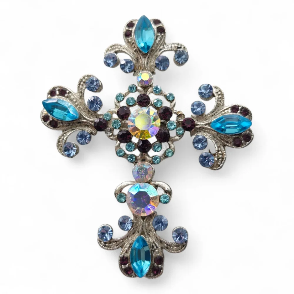 Vintage Rhinestone Cross Brooch Pendant Blue AB Gothic Y2K